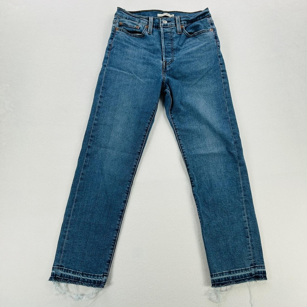 Levi's Wedgie Straight Jeans Womens W28 L28 Blue High Rise Stretch Denim Raw Hem